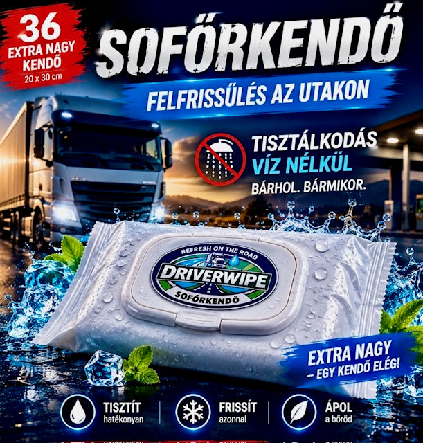 Sofőrkendő-Minőségi 20x30 cm méretű 36 db nedves törlőkenő Tisztálkodás víz nélkül